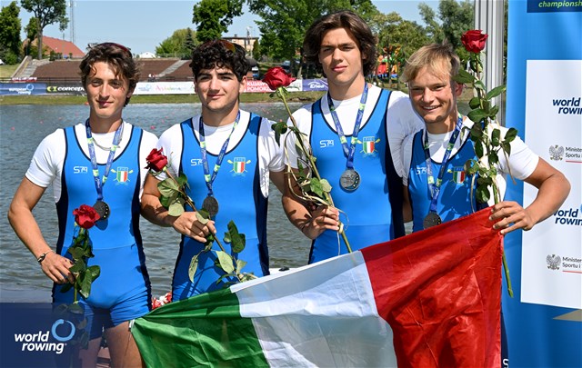 Jacopo Cappagli (b), Romeo Schirinzi, Lodovico Treccani Degli Alfieri, Cesare Borlenghi (s), Under 19 Men's Four, Italy, Silver, 2025 European Rowing Under 19 Championships, Kruszwica, Poland / © Detlev Seyb / MyRowingPhoto.com
