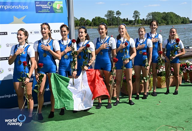 Arianna Tosi (b), Veronica Poletti, Mariabianca Tosi, Margherita Garis, Marta Ravizza, Elisa Marzella, Lara Bernardinello, Giorgia Canale (s), Margherita Fanchi (c), Under 19 Women's Eight, Italy, Gold, 2025 European Rowing Under 19 Championships, Kruszwica, Poland / © Detlev Seyb / MyRowingPhoto.com
