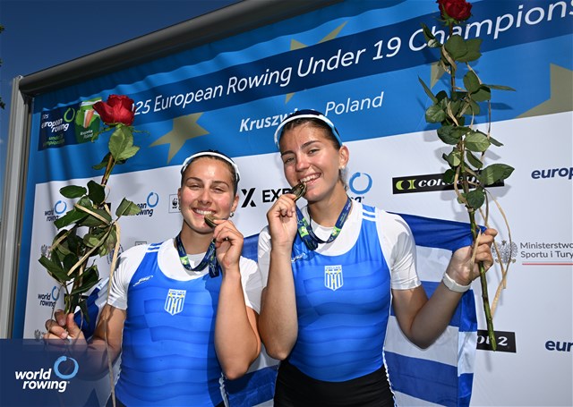 Nefeli Ntara (b), Eleni Diavati (s), Under 19 Women's Double Sculls, Greece, Gold, 2025 European Rowing Under 19 Championships, Kruszwica, Poland / © Detlev Seyb / MyRowingPhoto.com