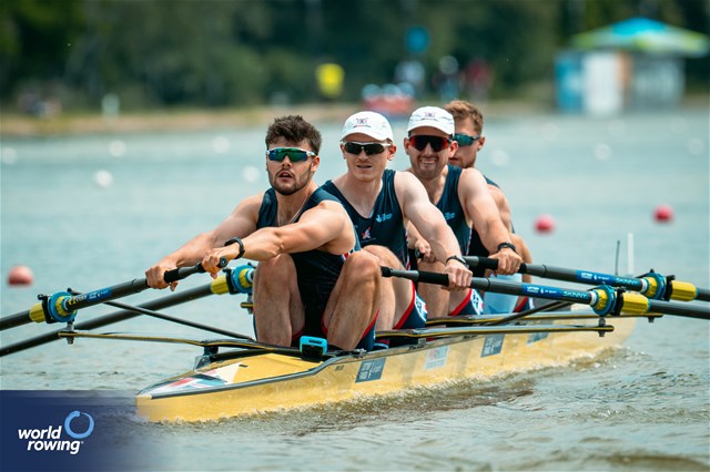 Joshua Bowesman-Jones (b), Daniel Graham, James Vogel, Jake Wincomb (s), Men's Four, Great Britain, 2025 European Rowing Championships, Plovdiv, Bulgaria / © World Rowing / Benedict Tufnell
