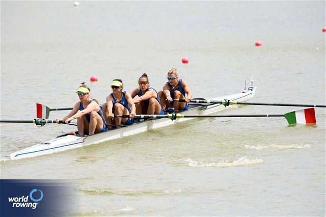 Clara Guerra (b), Giorgia Pelacchi, Silvia Terrazzi, Kiri English-Hawke (s), Women's Four, Italy, 2025 European Rowing Championships, Plovdiv, Bulgaria / © Detlev Seyb / MyRowingPhoto.com