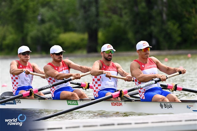 Patrik Loncaric (b), Anton Loncaric, Martin Sinkovic, Valent Sinkovic (s), Men's Four, Croatia, 2025 European Rowing Championships, Plovdiv, Bulgaria / © Detlev Seyb / MyRowingPhoto.com