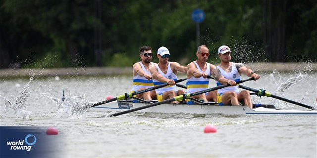 Maksym Boklazhenko (b), Mykola Kalashnyk, Sergii Gryn, Oleksii Selivanov (s), Men's Four, Ukraine, 2025 European Rowing Championships, Plovdiv, Bulgaria / © Detlev Seyb / MyRowingPhoto.com