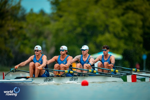 Matteo Sartori (b), Luca Rambaldi, Andrea Panizza, Giacomo Gentili (s), Men's Quadruple Sculls, Italy, 2025 European Rowing Championships, Plovdiv, Bulgaria / © World Rowing / Benedict Tufnell