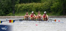 Stefan Constantin Berariu (b), Sergiu Vasile Bejan, Andrei Mandrila, Ciprian Tudosa (s), Men's Four, Romania, 2025 European Rowing Championships, Plovdiv, Bulgaria / © Detlev Seyb / MyRowingPhoto.com