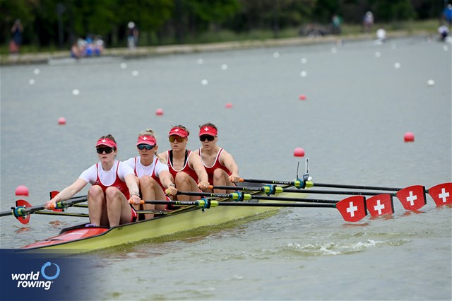 Olivia Nacht (b), Salome Ulrich, Lisa Loetscher, Nina Wettstein (s), Women's Quadruple Sculls, Switzerland, 2025 European Rowing Championships, Plovdiv, Bulgaria / © Detlev Seyb / MyRowingPhoto.com