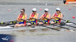 Emanuela-Ioana Ciotau (b), Cristina Druga, Ioana Madalina Cornea, Patricia Cires (s), Women's Quadruple Sculls, Romania, 2025 European Rowing Championships, Plovdiv, Bulgaria / © Detlev Seyb / MyRowingPhoto.com
