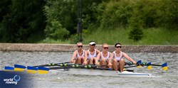 Daryna Verkhogliad (b), Diana Serebrianska, Kateryna Dudchenko, Yevheniia Dovhodko (s), Women's Quadruple Sculls, Ukraine, 2025 European Rowing Championships, Plovdiv, Bulgaria / © Detlev Seyb / MyRowingPhoto.com