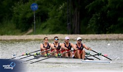 Aleix Garcia I Pujolar (b), Jordi Jofre I Senciales, Gonzalo Garcia Ferrero, Rodrigo Conde Romero (s), Men's Quadruple Sculls, Spain, 2025 European Rowing Championships, Plovdiv, Bulgaria / © Detlev Seyb / MyRowingPhoto.com