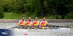 Ioan Prundeanu (b), Nicu Chelaru, Andrei Lungu, Alexandru Gherasim (s), Men's Quadruple Sculls, Romania, 2025 European Rowing Championships, Plovdiv, Bulgaria / © Detlev Seyb / MyRowingPhoto.com