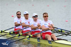 Dominik Czaja (b), Piotr Plominski, Jakub Wozniak, Konrad Domanski (s), Men's Quadruple Sculls, Poland, 2025 European Rowing Championships, Plovdiv, Bulgaria / © Detlev Seyb / MyRowingPhoto.com