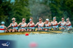 Judith Guhse (b), Tabea Kuhnert, Paula Gerundt, Anna Haertl, Annabelle Bachmann, Michelle Lebahn, Paula Hartmann, Nora Peuser (s), Florian Koch (c), Women's Eight, Germany, 2025 European Rowing Championships, Plovdiv, Bulgaria / © World Rowing / Benedict Tufnell
