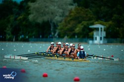 Heidi Long (b), Daisy Bellamy, Amelia Standing, Martha Birtles, Lauren Irwin, Eve Stewart, Eleanor Brinkhoff, Megan Slabbert (s), Jack Tottem (c), Women's Eight, Great Britain, 2025 European Rowing Championships, Plovdiv, Bulgaria / © World Rowing / Benedict Tufnell