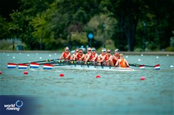 Linn Van Aanholt (b), Nika Johanna Vos, Claire De Kok, Ilse Kolkman, Hermijntje Drenth, Vera Sneijders, Ymkje Clevering, Tinka Offereins (s), Dieuwke Fetter (c), Women's Eight, Netherlands, 2025 European Rowing Championships, Plovdiv, Bulgaria / © World Rowing / Benedict Tufnell