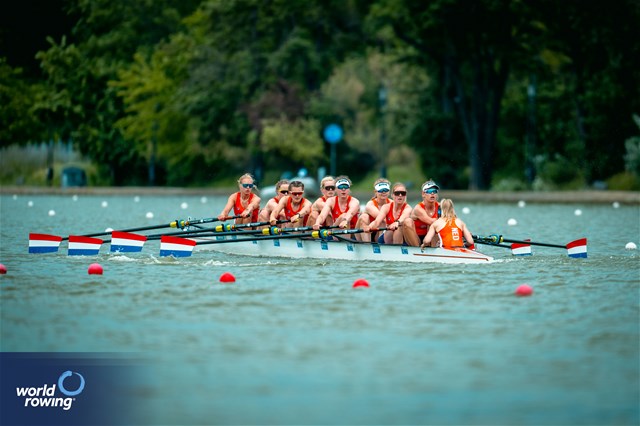 Linn Van Aanholt (b), Nika Johanna Vos, Claire De Kok, Ilse Kolkman, Hermijntje Drenth, Vera Sneijders, Ymkje Clevering, Tinka Offereins (s), Dieuwke Fetter (c), Women's Eight, Netherlands, 2025 European Rowing Championships, Plovdiv, Bulgaria / © World Rowing / Benedict Tufnell