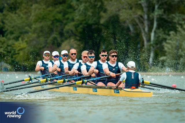 William Stewart (b), Archie Drummond, Miles Beeson, Fergus Woolnough, David Bewicke-Copley, Samuel Nunn, Matt Aldridge, Matthew Rowe (s), William Denegri (c), Men's Eight, Great Britain, 2025 European Rowing Championships, Plovdiv, Bulgaria / © World Rowing / Benedict Tufnell