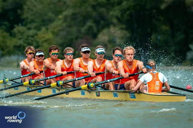Lennart Van Lierop (b), Jorn Salverda, Eli Brouwer, Olav Molenaar, Wibout Rustenburg, Guillaume Krommenhoek, Jan Van Der Bij, Mick Makker (s), Jonna De Vries (c), Men's Eight, Netherlands, 2025 European Rowing Championships, Plovdiv, Bulgaria / © World Rowing / Benedict Tufnell