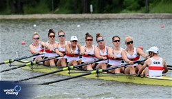 Judith Guhse (b), Tabea Kuhnert, Paula Gerundt, Anna Haertl, Annabelle Bachmann, Michelle Lebahn, Paula Hartmann, Nora Peuser (s), Florian Koch (c), Women's Eight, Germany, 2025 European Rowing Championships, Plovdiv, Bulgaria / © Detlev Seyb / MyRowingPhoto.com