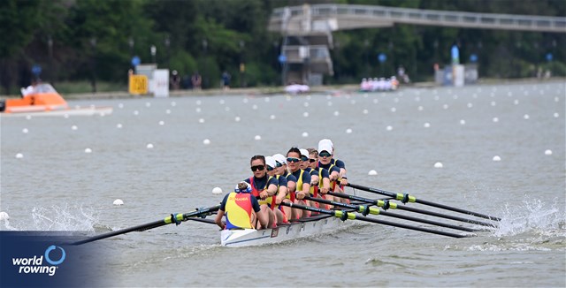 Andreea Popa (b), Roxana Anghel, Ancuta Bodnar, Amalia Beres, Andrada-Maria Morosanu, Geanina Dumitrita Juncanariu, Maria Magdalena Rusu, Simona Radis (s), Victoria Stefania Petreanu (c), Women's Eight, Romania, 2025 European Rowing Championships, Plovdiv, Bulgaria / © Detlev Seyb / MyRowingPhoto.com