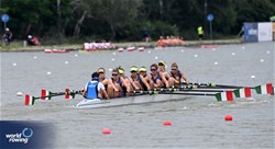 Clara Guerra (b), Giorgia Pelacchi, Stefania Gobbi, Elisa Mondelli, Silvia Terrazzi, Kiri English-Hawke, Laura Meriano, Alice Codato (s), Emanuele Capponi (c), Women's Eight, Italy, 2025 European Rowing Championships, Plovdiv, Bulgaria / © Detlev Seyb / MyRowingPhoto.com