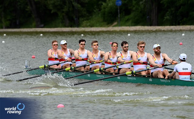 Paul Klapperich (b), Mattes Schoenherr, Benedict Eggeling, Soenke Kruse, Olaf Roggensack, Tobias Strangemann, Julius Christ, Theis Hagemeister (s), Jonas Wiesen (c), Men's Eight, Germany, 2025 European Rowing Championships, Plovdiv, Bulgaria / © Detlev Seyb / MyRowingPhoto.com