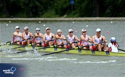 Szymon Tomiak (b), Kazmir Ziven Kujda, Tomasz Lewicki, Mateusz Wilangowski, Emilian Jackowiak, Oskar Streich, Jerzy Kaczmarek, Michal Szpakowski (s), Magdalena Ladna (c), Men's Eight, Poland, 2025 European Rowing Championships, Plovdiv, Bulgaria / © Detlev Seyb / MyRowingPhoto.com