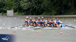 Davide Comini (b), Salvatore Monfrecola, Francesco Pallozzi, Alfonso Scalzone, Giovanni Abagnale, Alessandro Gardino, Nunzio Di Colandrea, Giovanni Codato (s), Alessandra Faella (c), Men's Eight, Italy, 2025 European Rowing Championships, Plovdiv, Bulgaria / © Detlev Seyb / MyRowingPhoto.com