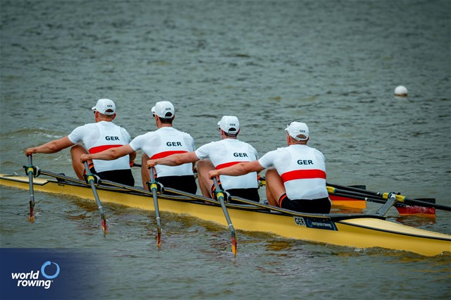 Tom Graenitz (b), Felix Heinrich, Ole Hohensee, Oliver Holtz (s), Men's Quadruple Sculls, Germany, 2025 European Rowing Championships, Plovdiv, Bulgaria / © World Rowing / Benedict Tufnell