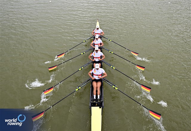 Tom Graenitz (b), Felix Heinrich, Ole Hohensee, Oliver Holtz (s), Men's Quadruple Sculls, Germany, 2025 European Rowing Championships, Plovdiv, Bulgaria / © Detlev Seyb / MyRowingPhoto.com
