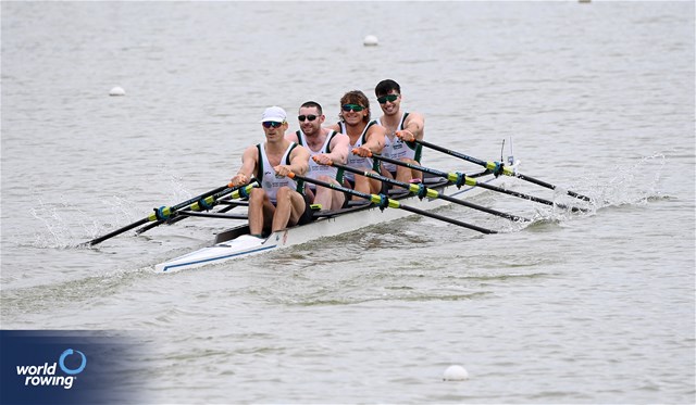 Andrew Sheehan (b), Adam Murphy, Ronan Byrne, Philip Doyle (s), Men's Quadruple Sculls, Ireland, 2025 European Rowing Championships, Plovdiv, Bulgaria / © Detlev Seyb / MyRowingPhoto.com