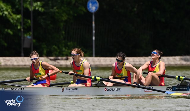 Iulia-Liliana Balauca (b), Maria Lehaci, Adriana Adam, Iuliana Buhus (s), Women's Four, Romania, 2025 European Rowing Championships, Plovdiv, Bulgaria / © Detlev Seyb / MyRowingPhoto.com