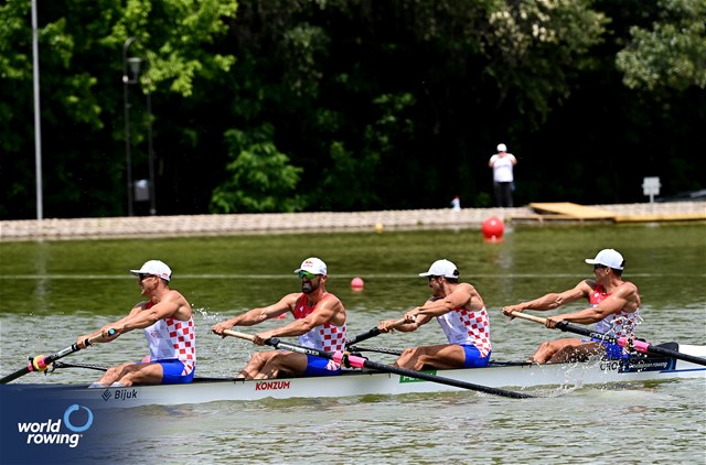 Patrik Loncaric (b), Anton Loncaric, Martin Sinkovic, Valent Sinkovic (s), Men's Four, Croatia, 2025 European Rowing Championships, Plovdiv, Bulgaria / © Detlev Seyb / MyRowingPhoto.com