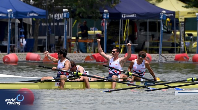 Valentin Onfroy (b), Nikola Kolarevic, Armand Pfister, Teo Rayet (s), Men's Four, France, 2025 European Rowing Championships, Plovdiv, Bulgaria / © Detlev Seyb / MyRowingPhoto.com