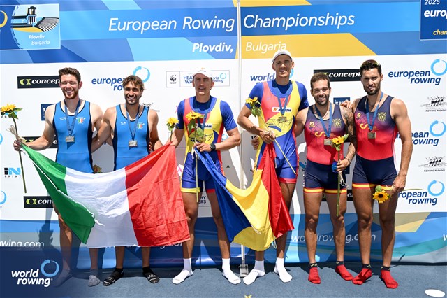 Florin Arteni (b), Florin Sorin Lehaci (s), Men's Pair, Romania, Gold, Nunzio Di Colandrea (b), Giovanni Codato (s), Italy, Silver, Jaime Canalejo Pazos (b), Javier Garcia Ordonez (s),  Spain, Bronze, 2025 European Rowing Championships, Plovdiv, Bulgaria / © Detlev Seyb / MyRowingPhoto.com