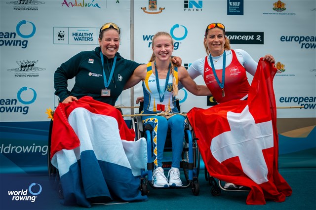 Anna Sheremet, PR1 Womens Single Sculls, Ukraine, Gold, Eva Mol, Netherlands, Silver, Claire Ghiringhelli, Switzerland, Bronze, 2025 European Rowing Championships, Plovdiv, Bulgaria / © World Rowing / Benedict Tufnell