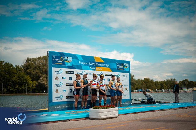 Valentin Luz (b), Kathrin Marchand (s), PR3 Mixed Double Sculls, Germany, Gold, Samuel Murray (b), Annabel Caddick (s), Great Britain, Silver, Dariia Kotyk (b), Stanislav Samoliuk (s), Ukraine, Bronze, 2025 European Rowing Championships, Plovdiv, Bulgaria / © World Rowing / Benedict Tufnell