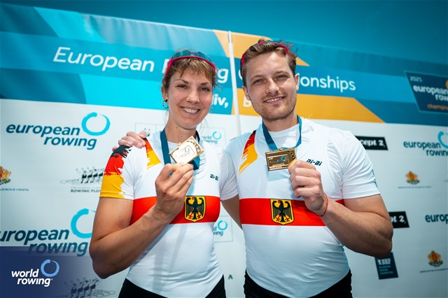 Valentin Luz (b), Kathrin Marchand (s), PR3 Mixed Double Sculls, Germany, Gold, 2025 European Rowing Championships, Plovdiv, Bulgaria / © World Rowing / Benedict Tufnell