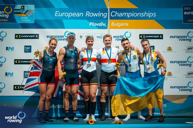 Valentin Luz (b), Kathrin Marchand (s), PR3 Mixed Double Sculls, Germany, Gold, Samuel Murray (b), Annabel Caddick (s), Great Britain, Silver, Dariia Kotyk (b), Stanislav Samoliuk (s), Ukraine, Bronze, 2025 European Rowing Championships, Plovdiv, Bulgaria / © World Rowing / Benedict Tufnell