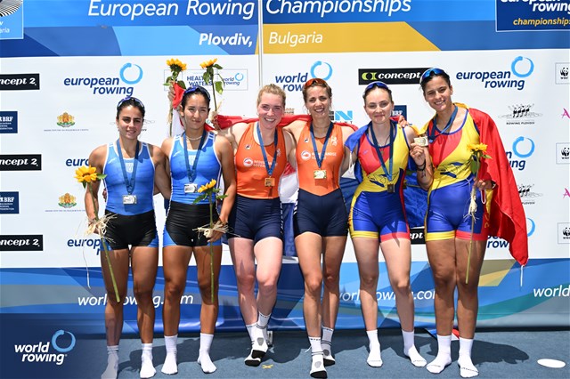 Roos De Jong (b), Tessa Dullemans (s), Women's Double Sculls, Netherlands, Gold, Dimitra Kontou (b), Zoi Fitsiou (s), Greece, Silver, Iulia-Liliana Balauca (b), Mariana-Laura Dumitru (s), Romania, Bronze, 2025 European Rowing Championships, Plovdiv, Bulgaria / © Detlev Seyb / MyRowingPhoto.com