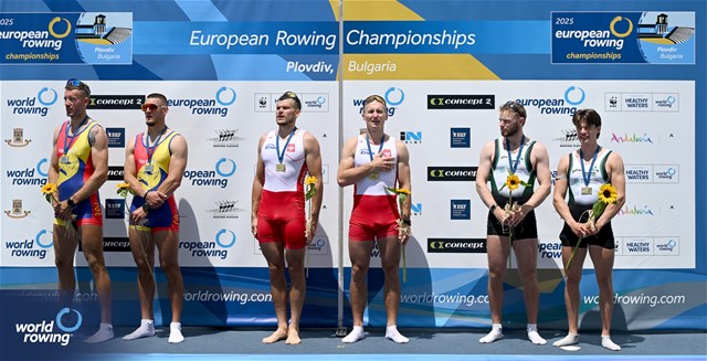 Miroslaw Zietarski (b), Mateusz Biskup (s), Men's Double Sculls, Poland, Gold, Andrei Sebastian Cornea (b), Marian Florian Enache (s), Romania, Silver, Konan Pazzaia (b), Fintan Mc Carthy (s), Ireland, Bronze, 2025 European Rowing Championships, Plovdiv, Bulgaria / © Detlev Seyb / MyRowingPhoto.com