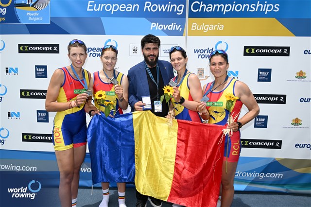 Iulia-Liliana Balauca (b), Maria Lehaci, Adriana Adam, Iuliana Buhus (s), Women's Four, Romania, Silver, 2025 European Rowing Championships, Plovdiv, Bulgaria / © Detlev Seyb / MyRowingPhoto.com