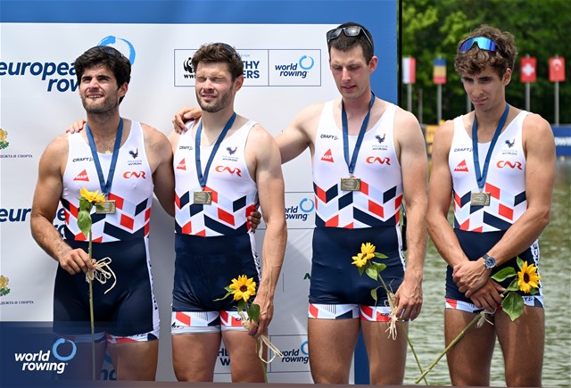 Valentin Onfroy (b), Nikola Kolarevic, Armand Pfister, Teo Rayet (s), Men's Four, France, Bronze, 2025 European Rowing Championships, Plovdiv, Bulgaria / © Detlev Seyb / MyRowingPhoto.com