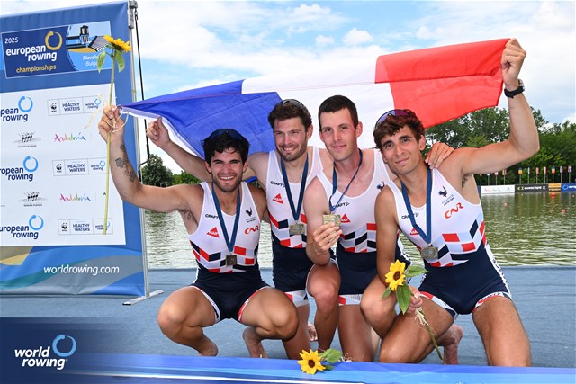 Valentin Onfroy (b), Nikola Kolarevic, Armand Pfister, Teo Rayet (s), Men's Four, France, Bronze, 2025 European Rowing Championships, Plovdiv, Bulgaria / © Detlev Seyb / MyRowingPhoto.com