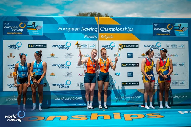 Roos De Jong (b), Tessa Dullemans (s), Women's Double Sculls, Netherlands, Gold, Dimitra Kontou (b), Zoi Fitsiou (s), Greece, Silver, Iulia-Liliana Balauca (b), Mariana-Laura Dumitru (s), Romania, Bronze, 2025 European Rowing Championships, Plovdiv, Bulgaria / © World Rowing / Benedict Tufnell