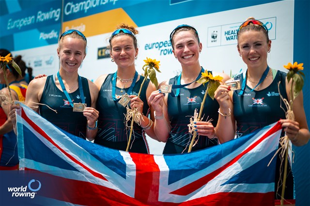 Daisy Bellamy (b), Lauren Irwin, Heidi Long, Eve Stewart (s), Women's Four, Great Britain, Bronze, 2025 European Rowing Championships, Plovdiv, Bulgaria / © World Rowing / Benedict Tufnell
