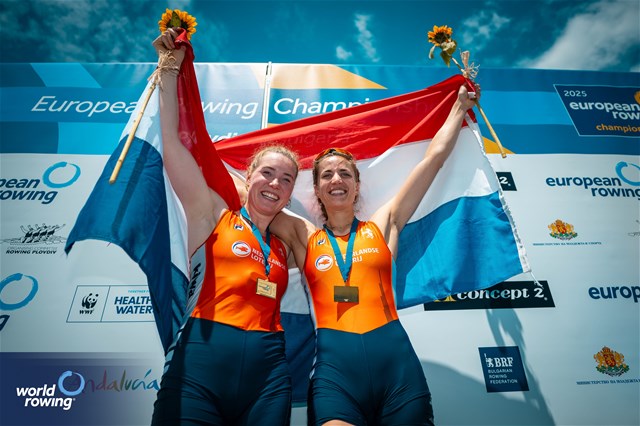 Roos De Jong (b), Tessa Dullemans (s), Women's Double Sculls, Netherlands, Gold, 2025 European Rowing Championships, Plovdiv, Bulgaria / © World Rowing / Benedict Tufnell