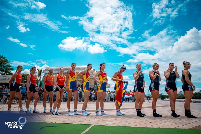 Nika Johanna Vos (b), Ymkje Clevering, Tinka Offereins, Linn Van Aanholt (s), Women's Four, Netherlands, Gold, Iulia-Liliana Balauca (b), Maria Lehaci, Adriana Adam, Iuliana Buhus (s), Romania, Silver, Daisy Bellamy (b), Lauren Irwin, Heidi Long, Eve Stewart (s), Great Britain, Bronze, 2025 European Rowing Championships, Plovdiv, Bulgaria / © World Rowing / Benedict Tufnell