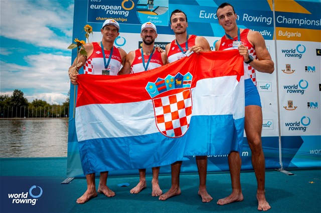 Patrik Loncaric (b), Anton Loncaric, Martin Sinkovic, Valent Sinkovic (s), Men's Four, Croatia, Silver, 2025 European Rowing Championships, Plovdiv, Bulgaria / © World Rowing / Benedict Tufnell