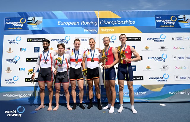 Maximilian Aigner (b), Alexander Aigner (s), Lightweight Men's Pair, Germany, Gold, Giorgi Kanteladze (b), Davit Lashkareishvili (s), Georgia, Silver, Nichita Naumciuc (b), Dmitrii Zincenco (s), Republic of Moldova, Bronze, 2025 European Rowing Championships, Plovdiv, Bulgaria / © Detlev Seyb / MyRowingPhoto.com