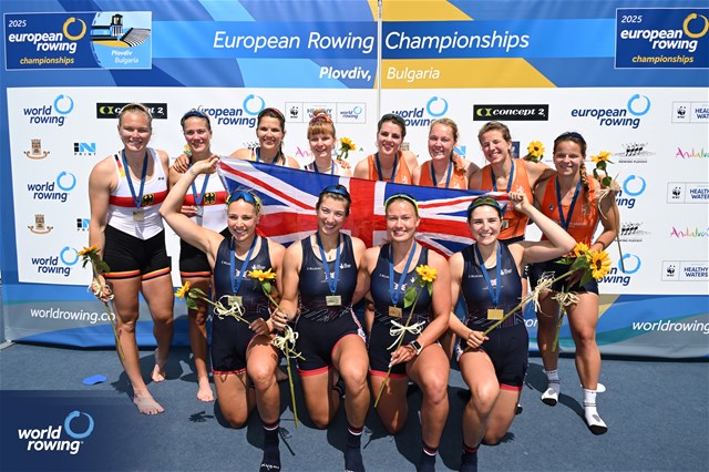 Sarah Mckay (b), Lola Anderson, Cameron Nyland, Rebecca Wilde (s), Women's Quadruple Sculls, Great Britain, Gold, Sarah Wibberenz (b), Frauke Hundeling, Lisa Gutfleisch, Pia Greiten (s), Germany, Silver, Lisa Bruijnincx (b), Lisanne Van Der Lelij, Margot Leeuwenburgh, Willemijn Mulder (s), Netherlands, Bronze, 2025 European Rowing Championships, Plovdiv, Bulgaria / © Detlev Seyb / MyRowingPhoto.com